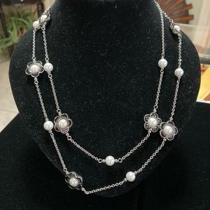 Glass pearls & stainless steel extra long necklace. Daisy 44”